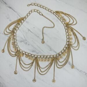 Gold Tone Draped Chain Belt Coin Disc Charm Fringe One Size (OS) ✨